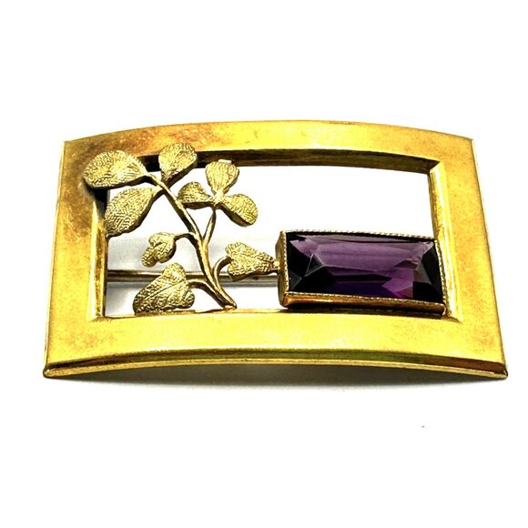 Transitional Art Deco Brass Brooch by George L Paine with Purple Glass Cabochon - Picture 8 of 9